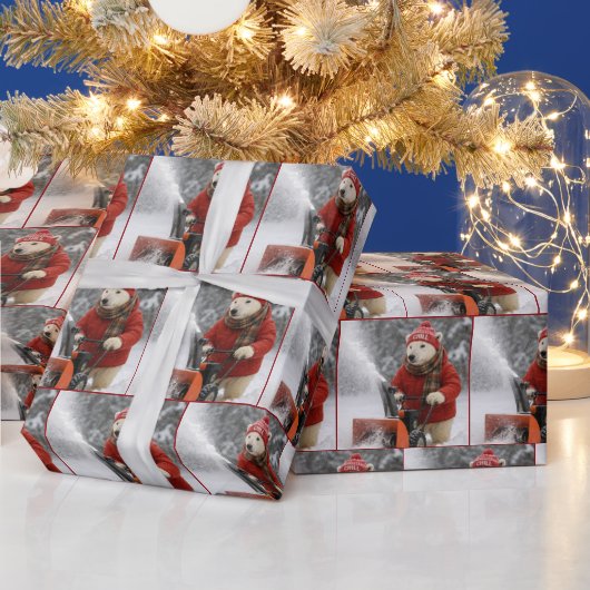 Christmas Polar Bear Pushing a Snowblower Geschenkpapier (Feiertage)