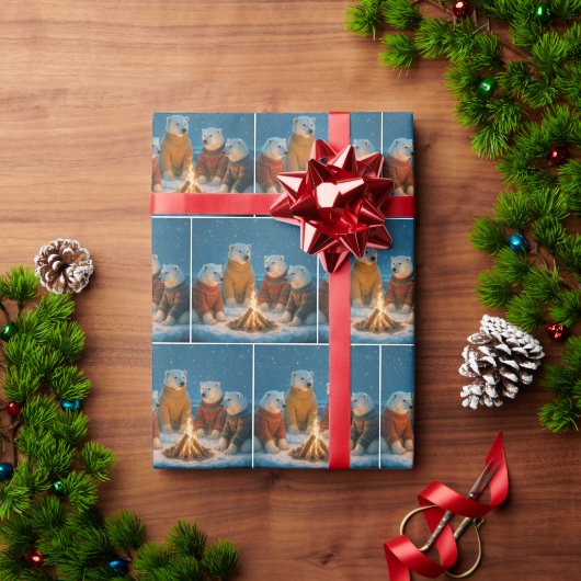 Christmas Polar Bears Around a Bonfire Geschenkpapier (Feiertagsgeschenk)