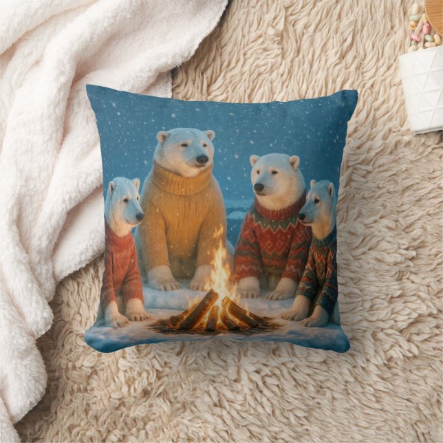 Christmas Polar Bears Around a Bonfire Kissen (Decke)