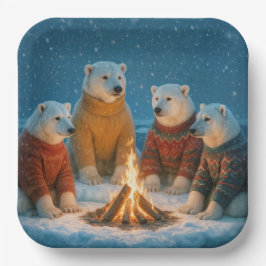 Christmas Polar Bears Around a Bonfire Pappteller