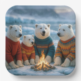 Christmas Polar Bears Around a Bonfire Pappteller