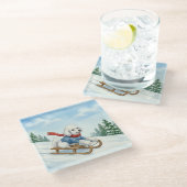 Christmas Poodle Sledding, Glass Coaster Glasuntersetzer (Schrägansicht)
