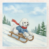 Christmas Poodle Sledding, Glass Coaster Glasuntersetzer (Vorderseite)
