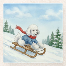 Christmas Poodle Sledding, Glass Coaster Glasuntersetzer