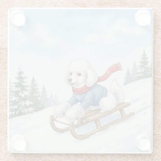 Christmas Poodle Sledding, Glass Coaster Glasuntersetzer (Rückseite)