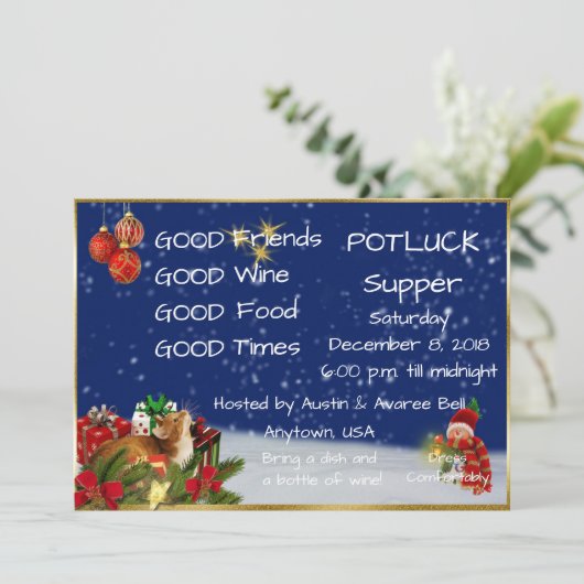 Christmas Pot Luck Supper Party Einladung (Stehend Vorderseite)