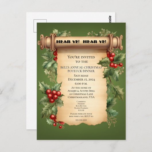 Christmas Potluck Dinner Old World Scroll Einladun Postkarte (Vorne/Hinten)