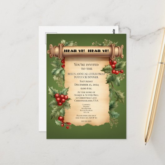 Christmas Potluck Dinner Old World Scroll Einladun Postkarte (Vorderseite/Rückseite Beispiel)
