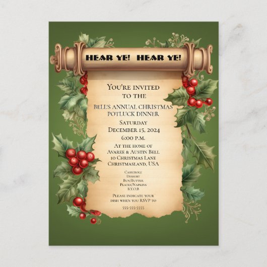 Christmas Potluck Dinner Old World Scroll Einladun Postkarte (Vorderseite)