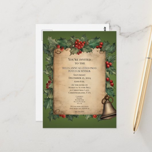 Christmas Potluck Dinner Old World Scroll Einladun Postkarte (Vorderseite/Rückseite Beispiel)