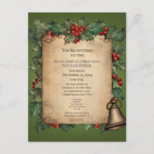 Christmas Potluck Dinner Old World Scroll Einladun Postkarte (Vorderseite)
