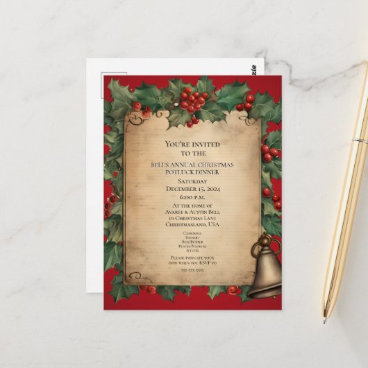 Christmas Potluck Dinner Old World Scroll Einladun Postkarte (Vorderseite/Rückseite Beispiel)