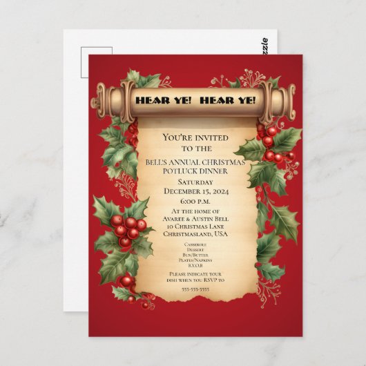 Christmas Potluck Dinner Old World Scroll Einladun Postkarte (Vorne/Hinten)
