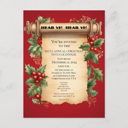 Christmas Potluck Dinner Old World Scroll Einladun Postkarte (Vorderseite)