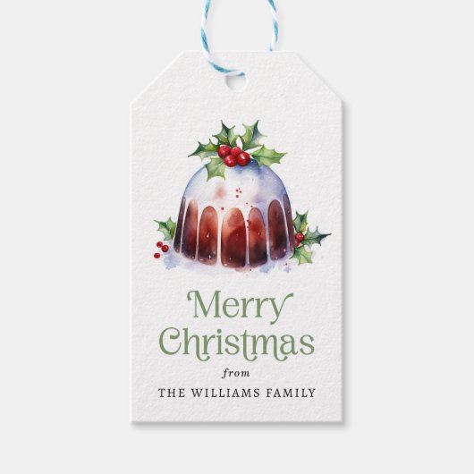 Christmas pudding holly berries watercolor geschenkanhänger (Vorderseite)