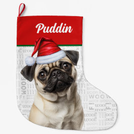 Christmas Pug Dog with Name Woof Großer Weihnachtsstrumpf