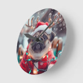 Christmas Pug Wall Clock with Reindeer Antlers - F Runde Wanduhr (Winkel)