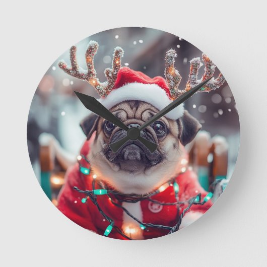 Christmas Pug Wall Clock with Reindeer Antlers - F Runde Wanduhr (Vorderseite)