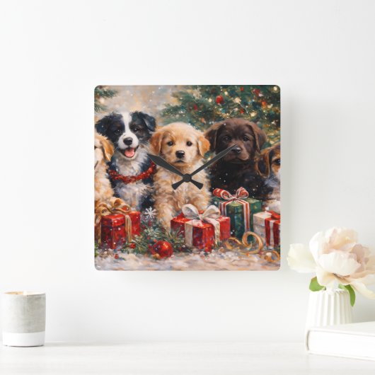 Christmas Puppies with Gifts Under Decorated Tree Quadratische Wanduhr (Zuhause)