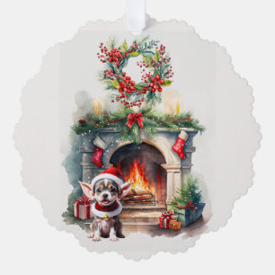 CHRISTMAS PUPPY BLEIBE WARM AM KAMIN ORNAMENT KARTE