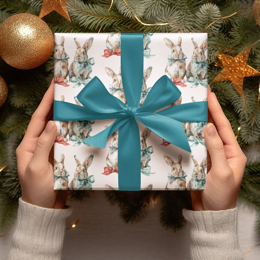 Christmas Rabbits with Bows Wrapping Paper Geschenkpapier