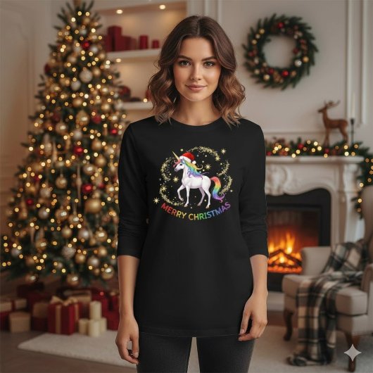 Christmas Rainbow Unicorn Santa Hat T-Shirt