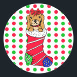 Christmas Red and Green Polka Dots Strumpf Runder Aufkleber<br><div class="desc">Niedlicher Welpenhund im Strumpf Weihnachten Rot und Grün Polka Dots Holiday Aufkleber für Geschenke,  Bonbons oder Siegel Weihnachtskarten.</div>
