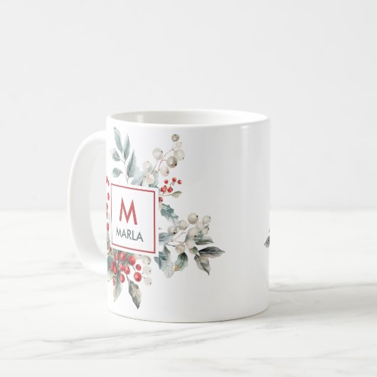 Christmas Red Berries Greenery Monogram Kaffeetasse (Vorderseite Links)