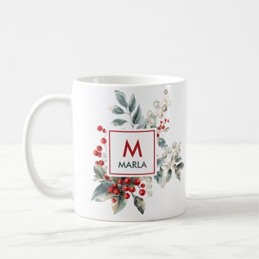 Christmas Red Berries Greenery Monogram Kaffeetasse (Links)