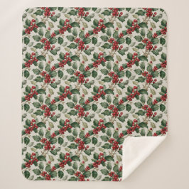 Christmas Red Berry Holly On Faux Linen Sherpadecke