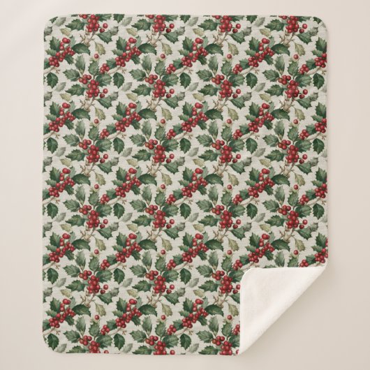 Christmas Red Berry Holly On Faux Linen Sherpadecke (Vorderseite)