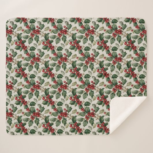 Christmas Red Berry Holly On Faux Linen Sherpadecke (Vorderseite (Horizontal))