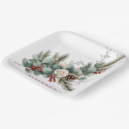 Christmas Red Berry White Rose Brautparty Pappteller (Gewinkelt)