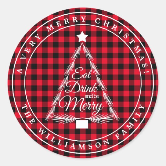 Christmas Red Black Gingham Pattern Umschlag Aufkl Runder Aufkleber (Vorderseite)