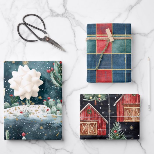 Christmas Red Blue Green Cactus Floral Geschenkpapier Set (Vorderseite)