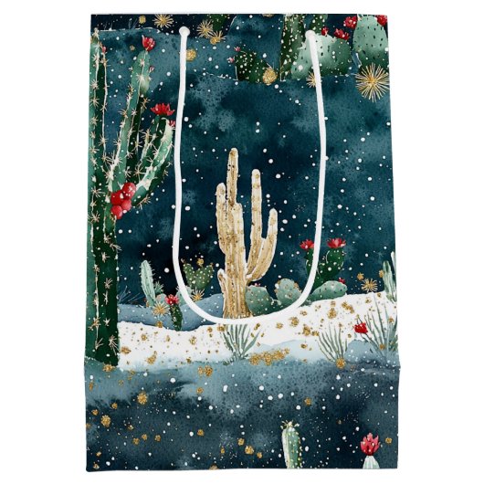 Christmas Red Blue Green Cactus Floral Mittlere Geschenktüte (Rückseite)
