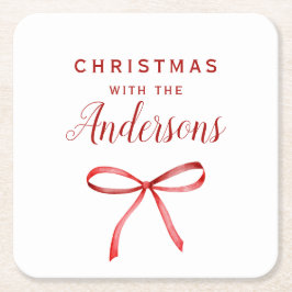 Christmas red bow monogram rechteckiger pappuntersetzer