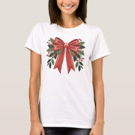 Christmas Red Bow with Holly and Berries Festive T-Shirt