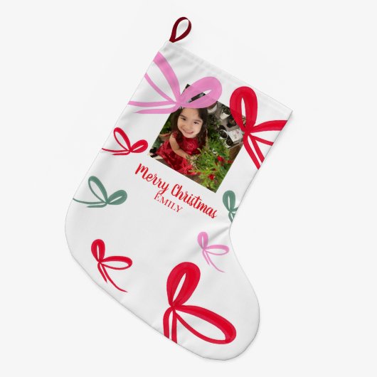Christmas Red Bows Multicolor Doodle Photo Großer Weihnachtsstrumpf (Vorderansicht (hängend))