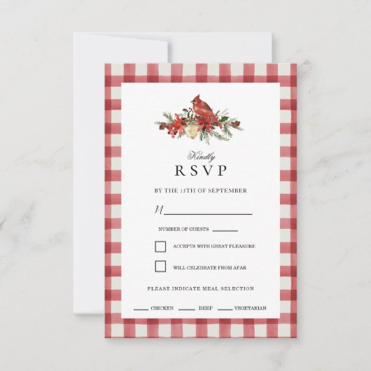 Christmas Red Buffalo Karo Kardinal RSVP Karte (Vorderseite)