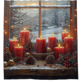 Christmas Red Candles Pine Cones Winter View  Duschvorhang