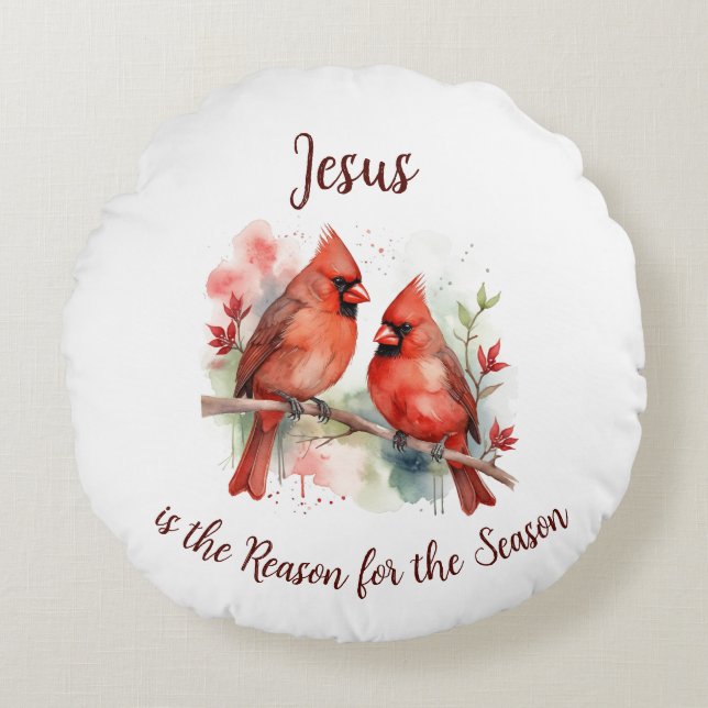 Christmas Red Cardinal Jesus Reason for Season Rundes Kissen (Vorderseite)