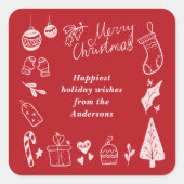 Christmas Red Cute Festive Hand Drawn Doodles Quadratischer Aufkleber (Vorderseite)