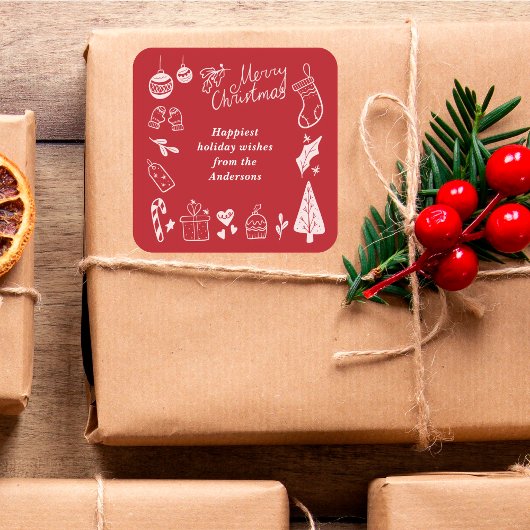 Christmas Red Cute Festive Hand Drawn Doodles Quadratischer Aufkleber