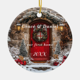 Christmas Red Door Wreath "Our First Home" Keramik Ornament