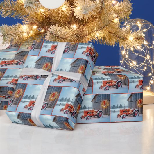 Christmas Red Farm Tractor In Snow Geschenkpapier (Feiertage)