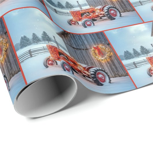 Christmas Red Farm Tractor In Snow Geschenkpapier (Rolleneckpunkt)