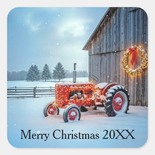 Christmas Red Farm Tractor In Snow Quadratischer Aufkleber (Vorderseite)