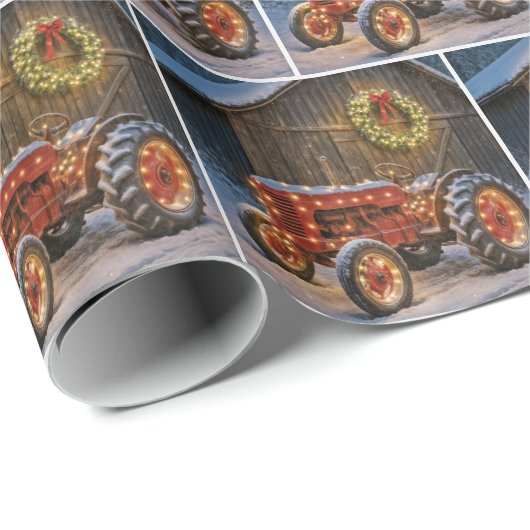 Christmas Red Farm Tractor With Glowing Wreath Geschenkpapier (Rolleneckpunkt)