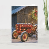 Christmas Red Farm Tractor With Glowing Wreath Karte (Vorderseite)